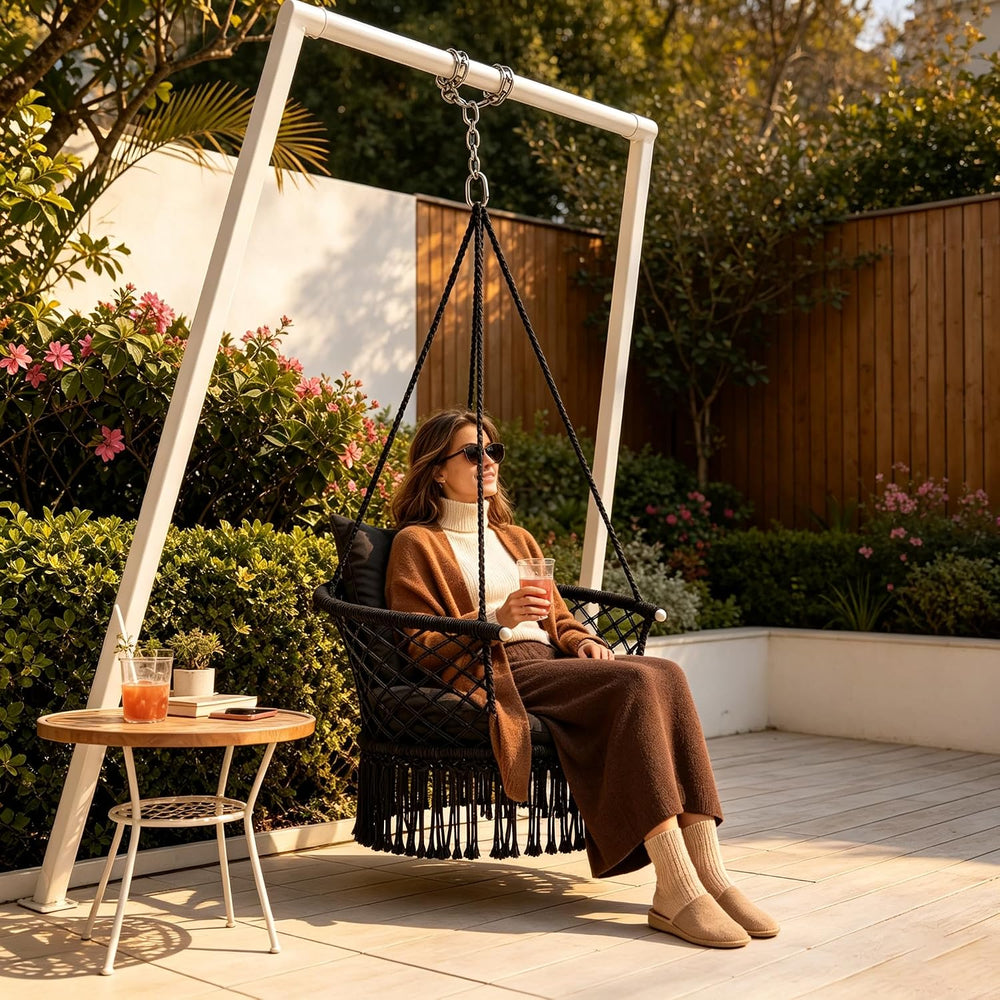 Athena Collection Macrame Hammock Chair with Mounting Hardware Kit, Black