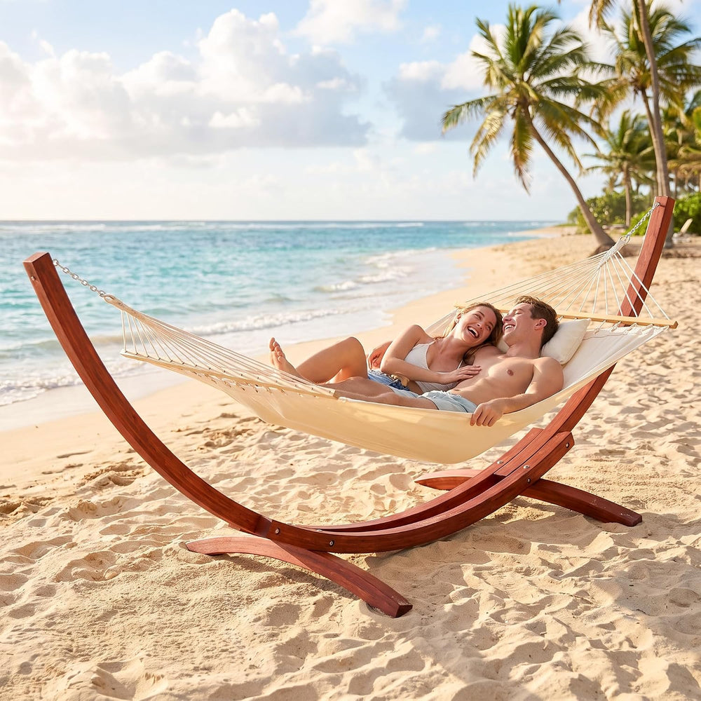 13 FT Wooden Hammock with Stand, Outdoor Double Hammock with Wood Stand 2 Per...