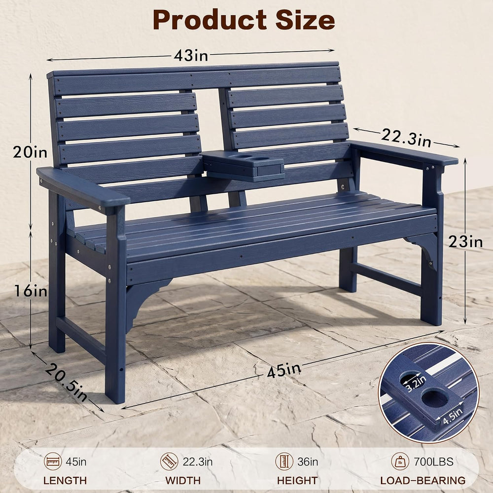 Outdoor Bench Weatherproof - HDPE 2-Person Garden Bench with Cup Holders, Ben...