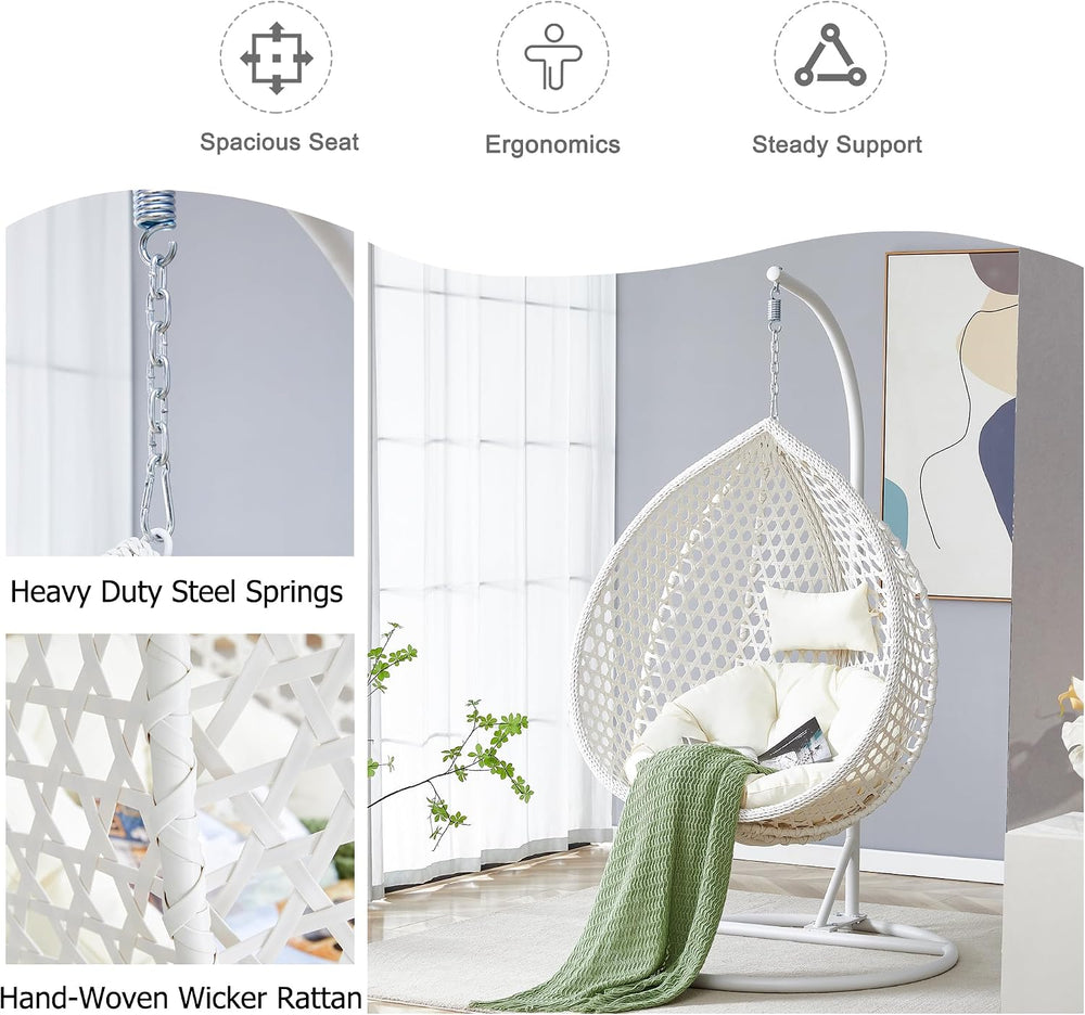 JUFU Egg Swing Chair with Stand, Hanging Egg Chair, White, Modern, Indoor/Out...