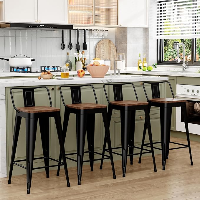 WENTMENT Metal Bar Stools Set of 4 Counter Height Barstools with Removable Ba...