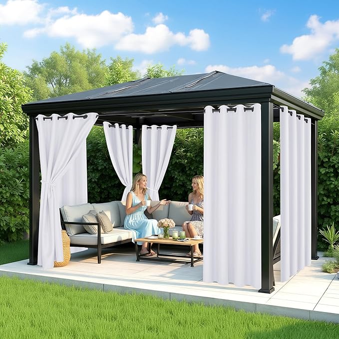 White Outdoor Curtains for Patio Waterproof - 8 Panels Privacy Weatherproof O...
