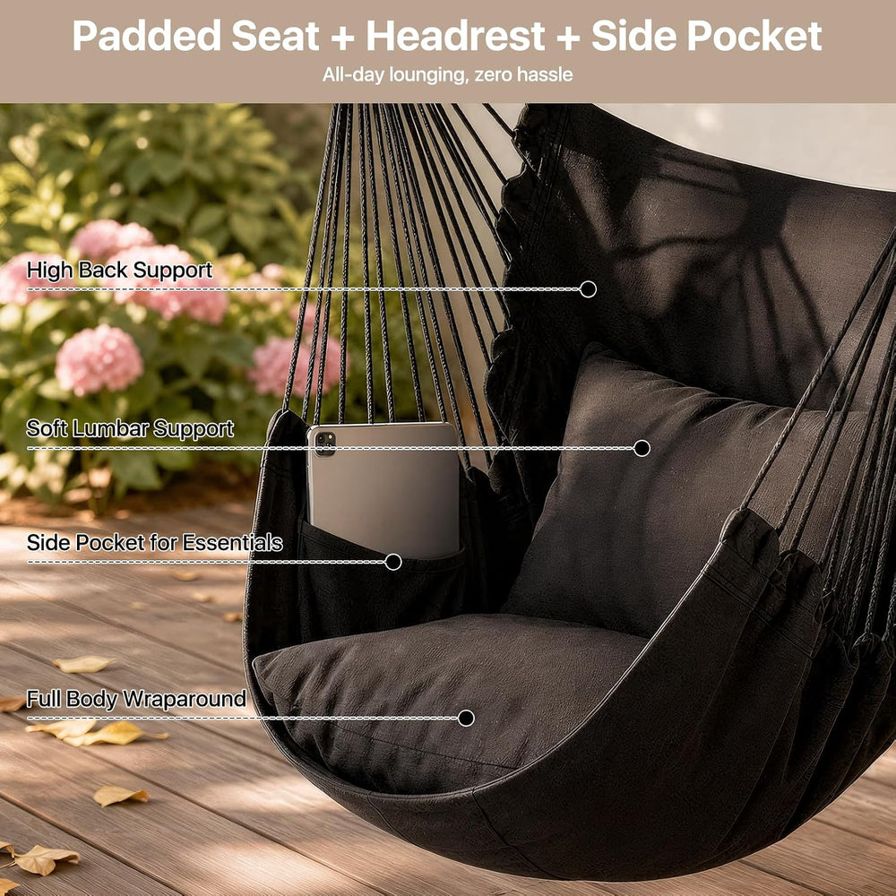 Athena Collection Hammock Chair Hanging Rope Swing, Black