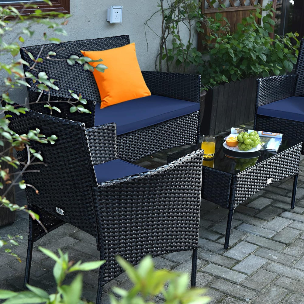 Tangkula 4 Pieces Patio Furniture Set, Outdoor Wicker Conversation Set with T...