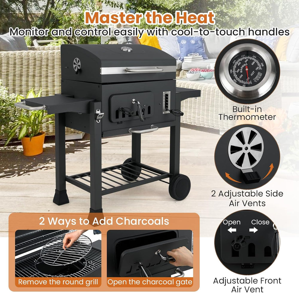 Happygrill Barrel Charcoal Grill with 2 Folding Side Tables & 2 Wheels