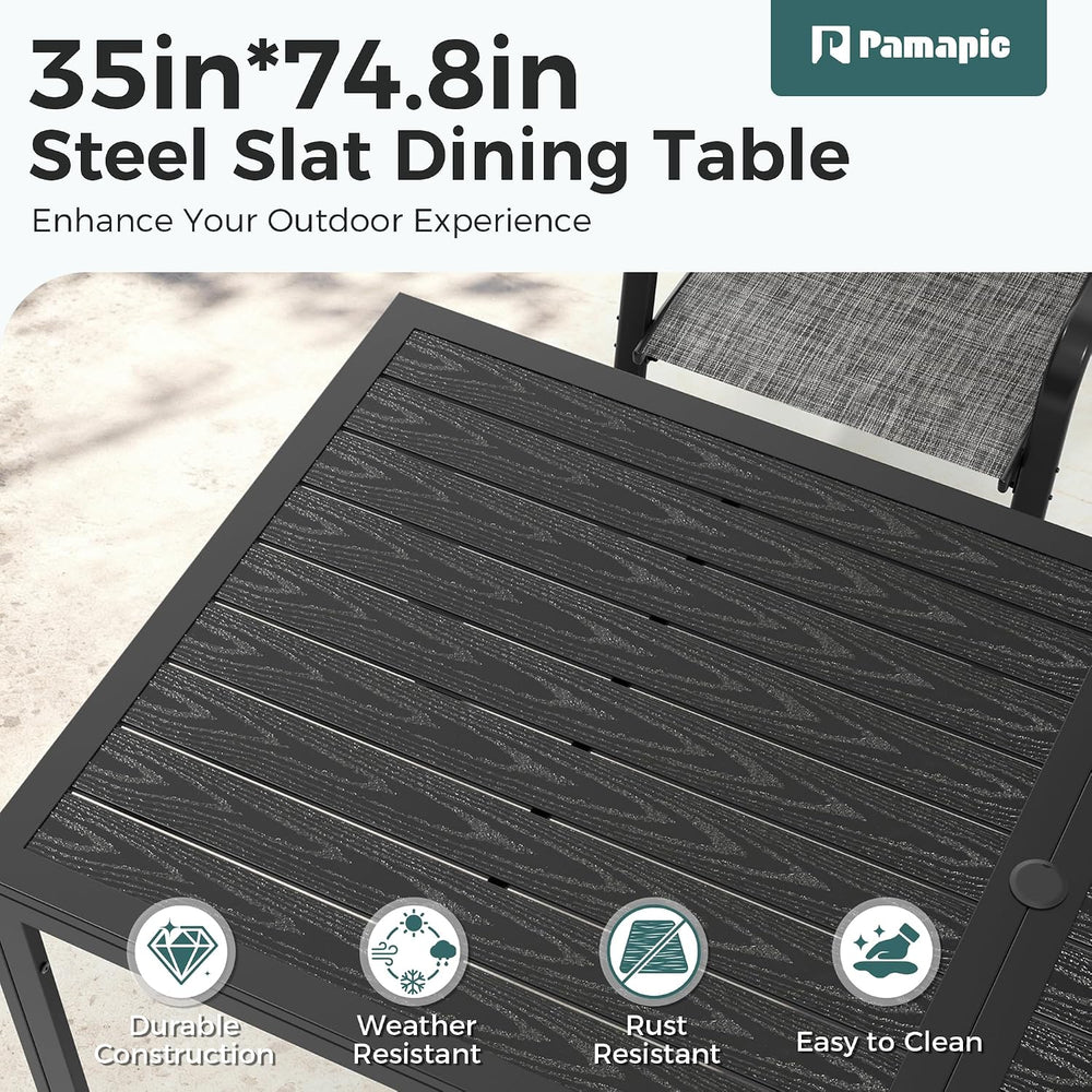 Pamapic Outdoor Dining Sets for 9, Rectangular Steel Slat Table with 8 Textil...