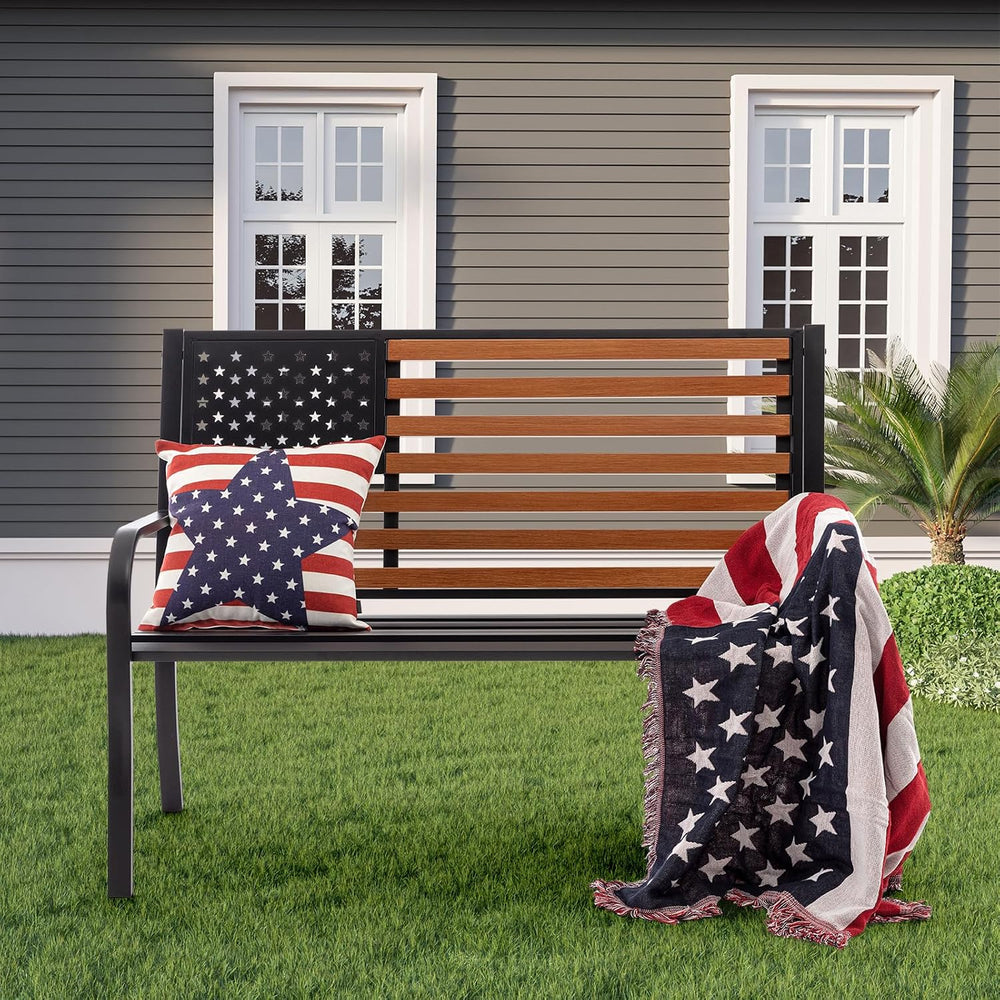 45.7 Inch American Flag Outdoor Bench - Patriotic Stars and Stripes Garden Be...