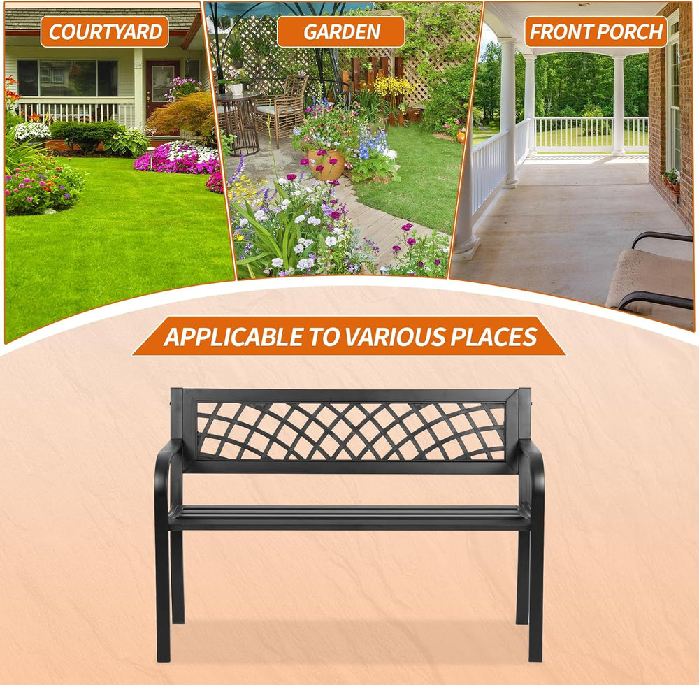 Outdoor Bench,Patio Garden Benches,Metal Weatherproof Porch Bench with Grid-P...