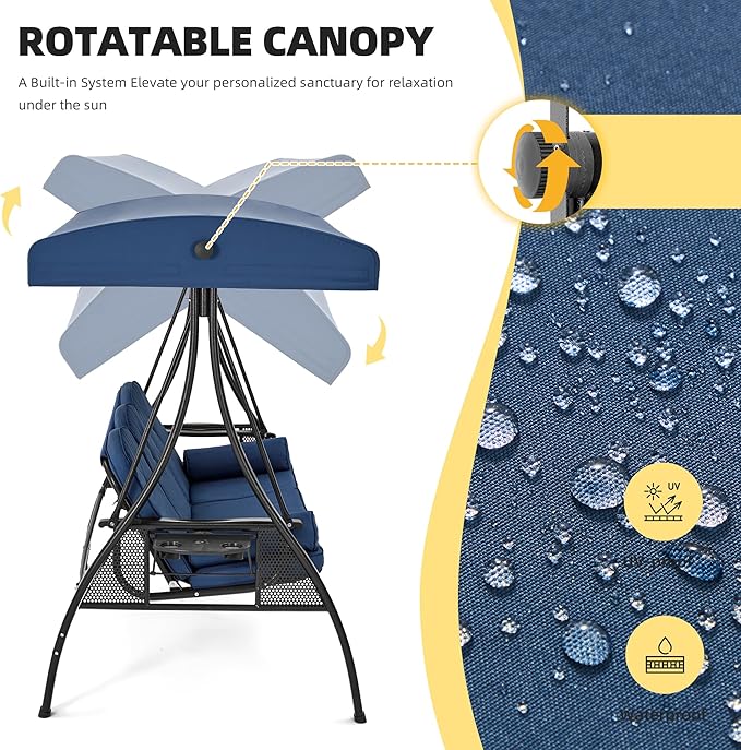 HOMREST 3 Seat Outdoor Porch Swing with 1.5" Deepened Cup Holder, Adjust...