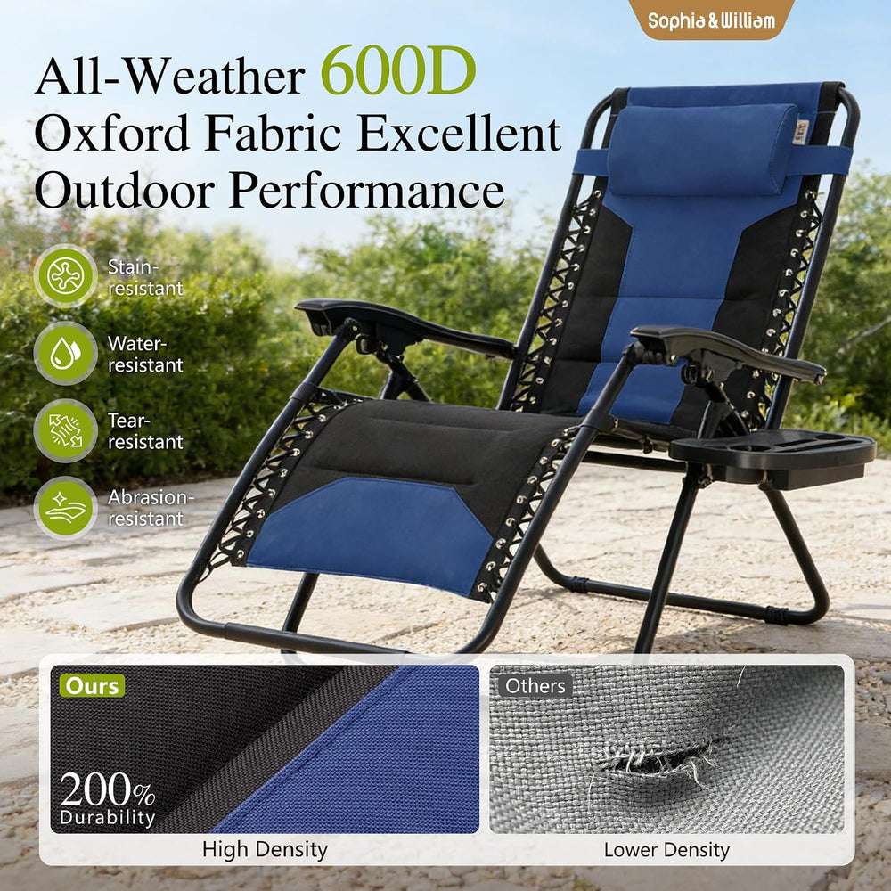 Padded Outdoor Zero Gravity Chair Set of 2, Cup Holder, 28in Seat, Blue | Fol...
