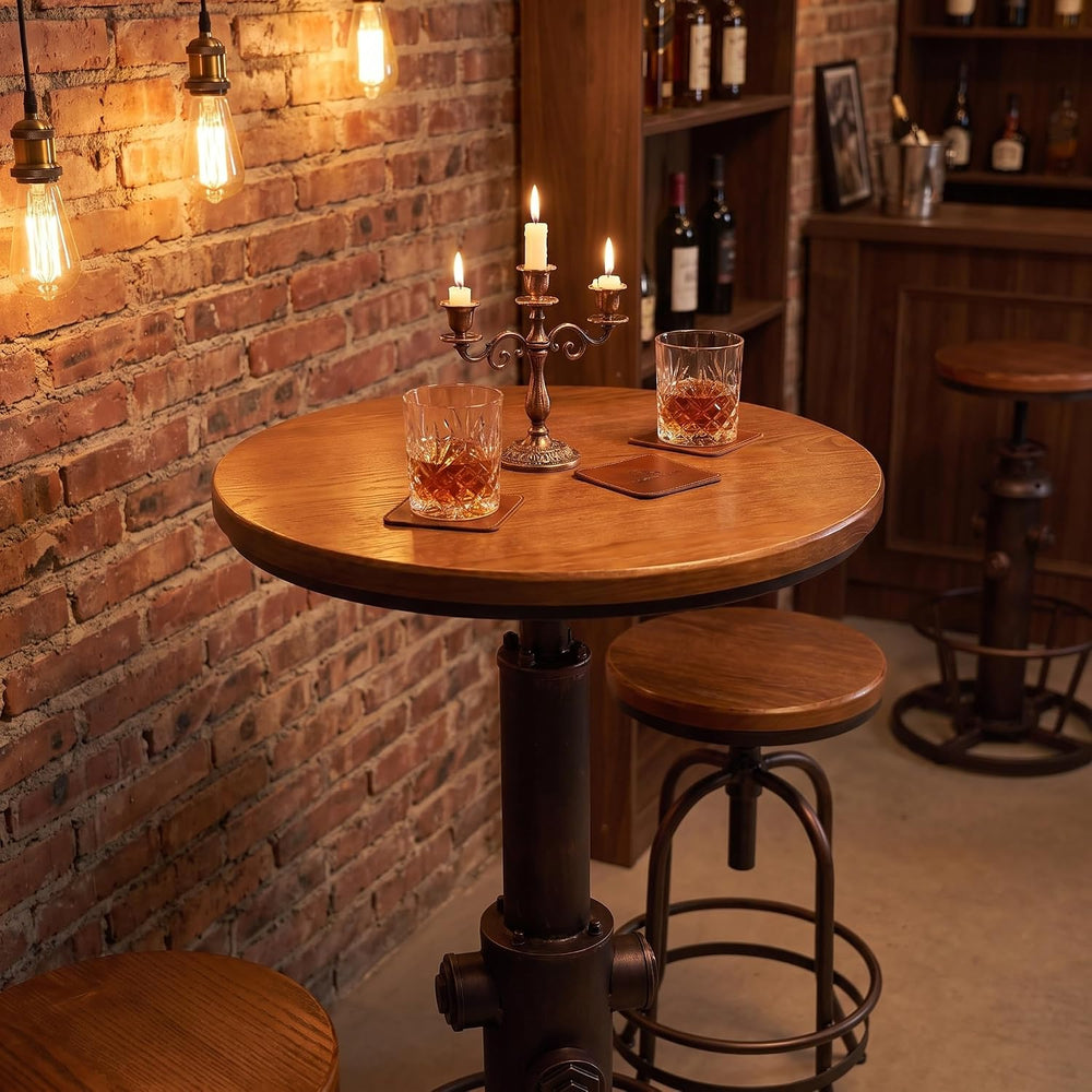 Industrial Bar Table Swivel Round Wooden Top Height Adjustable 38.6-44.4inch ...