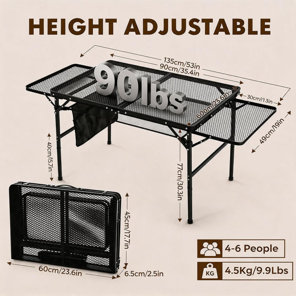 Folding Camping Table with 2 Wing Panels – Adjustable Height & Width Port...