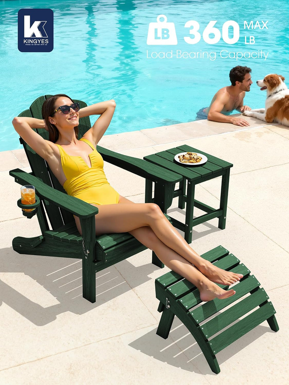 KINGYES Folding Adirondack Chair Set of 2 with Cup Holder, Green