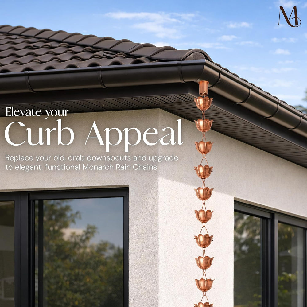 Monarch Rain Chains Pure Copper Lotus Cup Rain Chains for Gutters – 8.5 ft De...