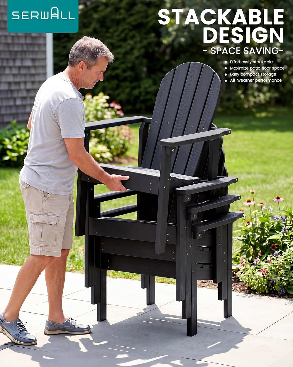 SERWALL HDPE Stackable Adirondack Chairs Set of 2,Space-Saving, Black
