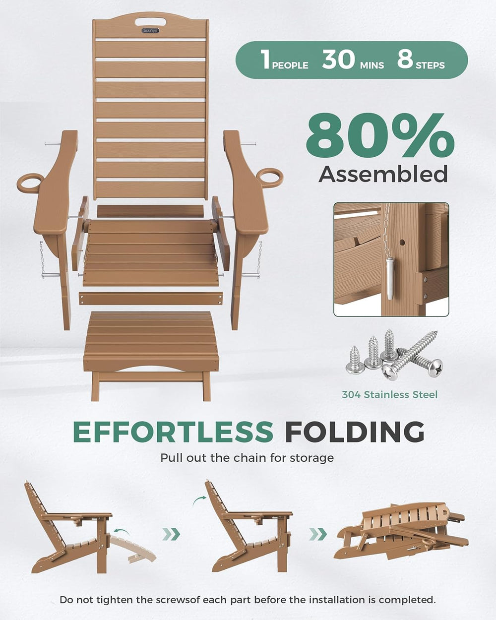 Adjustable Adirondack Chairs with Retractable Ottoman, HDPE Folding Adirondac...