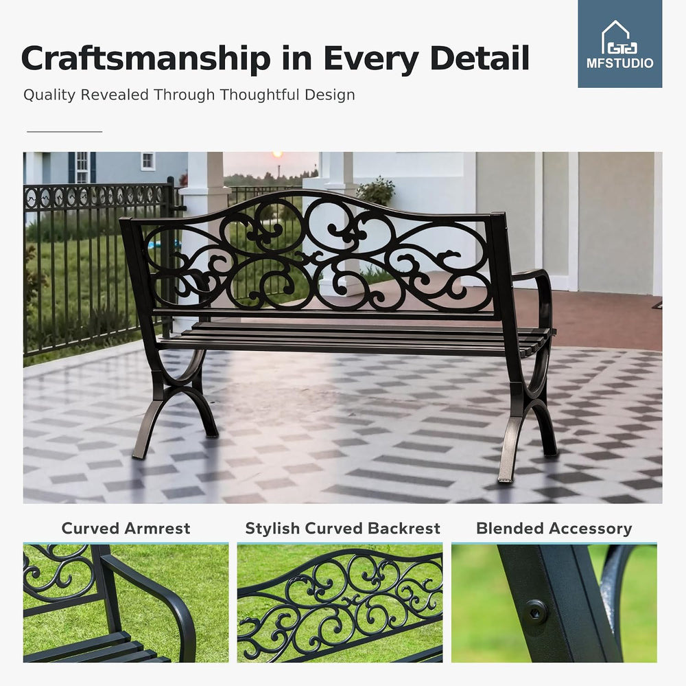 MFSTUDIO 50 Inches Outdoor Garden Bench Cast Iron Metal Frame, Floral Black