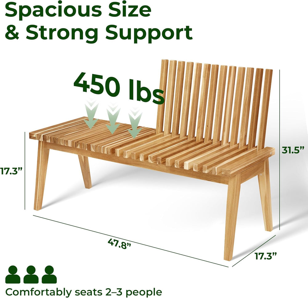 Melino Wooden Bench Outdoor 47" Convertible Acacia Wood Bench, Solid Woo...