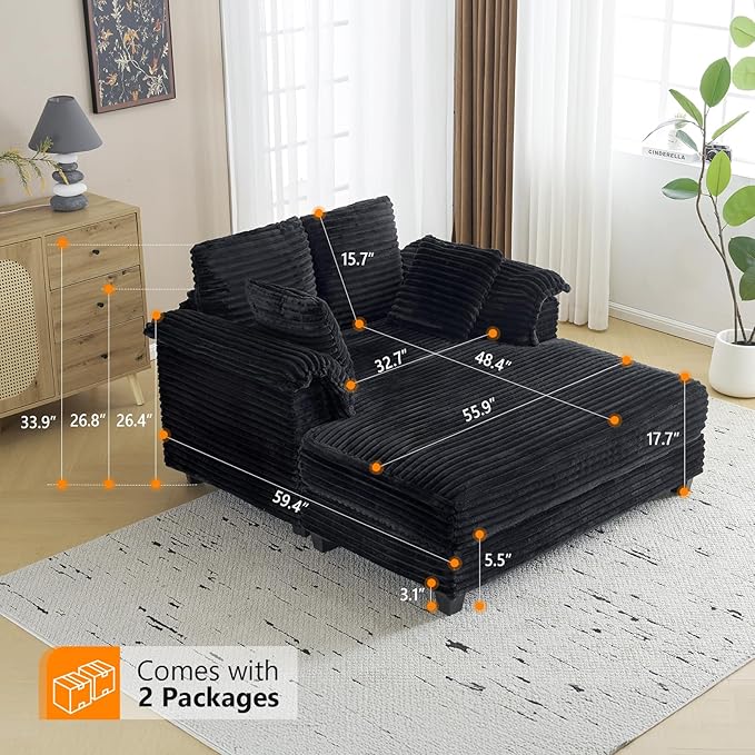 VINGLI 56" Oversized Chaise Lounge Chair, Black Comfy Corduroy Chaise So...