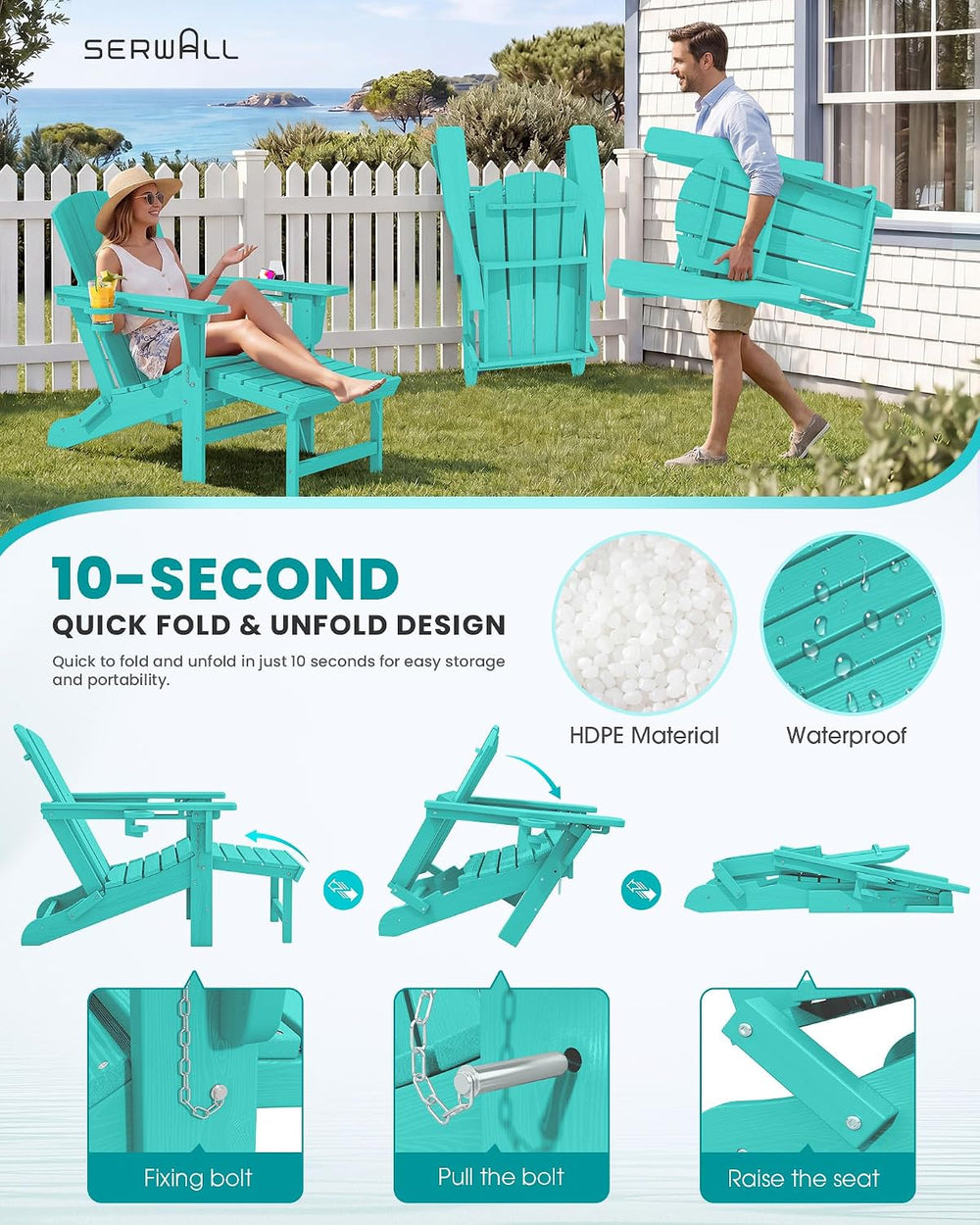 SERWALL HDPE Folding Adjustable Adirondack Chair with Footrest, Aruba