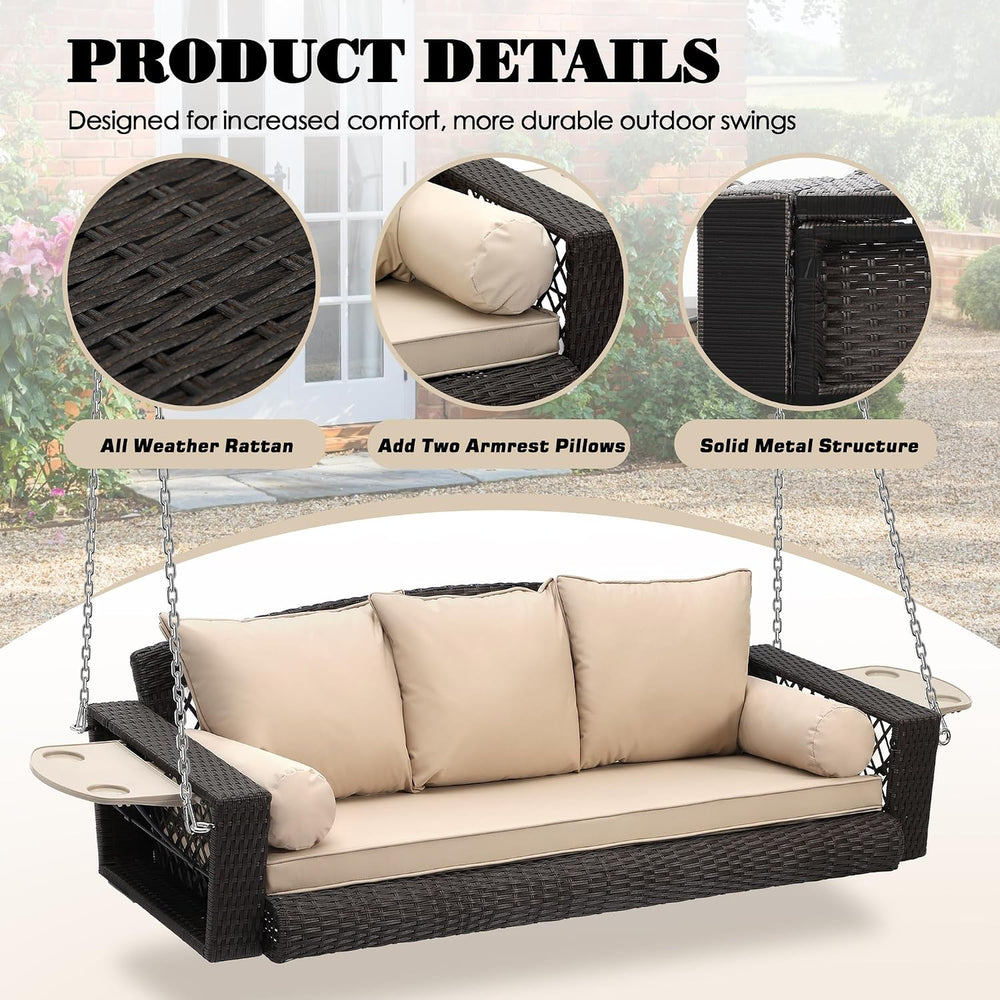 3-Person Hanging Porch Swing, Outdoor Wicker Swing with Cup Holders