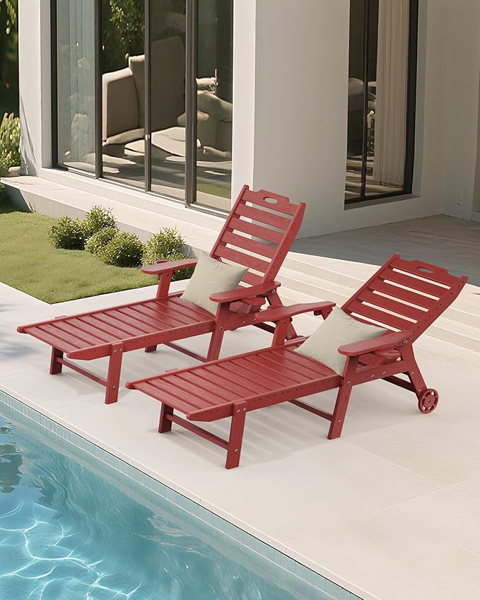 Carauci Lounge Chair Outdoor Set of 4, HDPE Chaise Lounge with Wheels, 5-Posi...