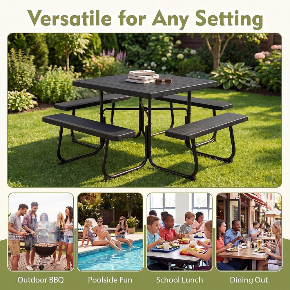 GYMAX Picnic Table Bench with Umbrella Hole, 8 Person Square Outdoor Picnic T...