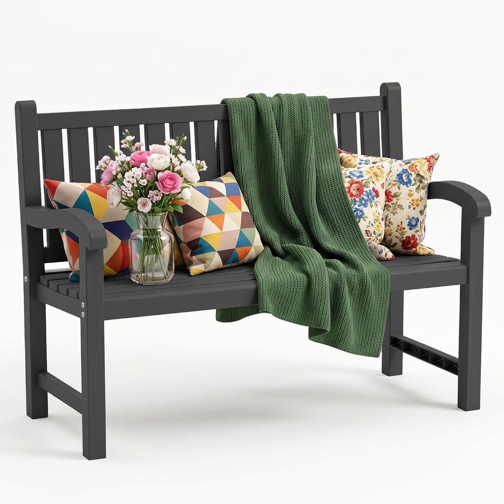Weatherproof Resin Outdoor Garden Bench, 2-Seater,Classic Black