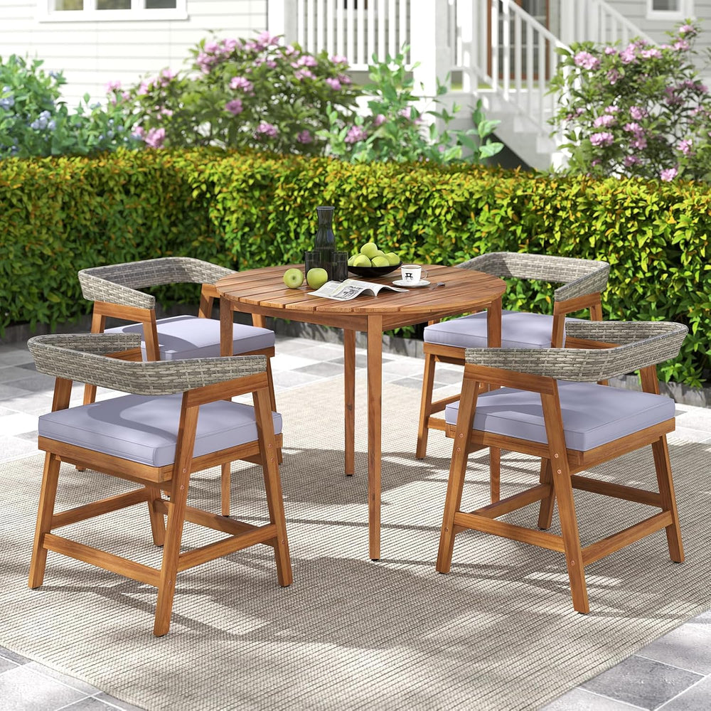 Tangkula 5 Piece Patio Dining Set for 4, Outdoor Solid Wood Round Table with ...