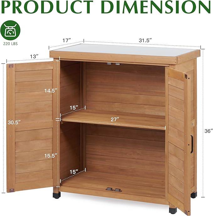 Outdoor Storage Cabinet & Potting Bench Table with Metal Top, Wooden Pati...