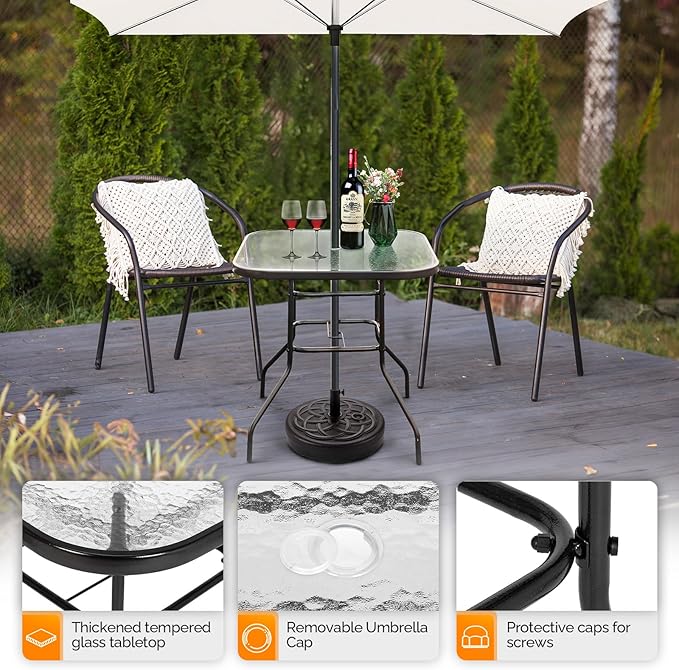 VINGLI Glass Patio Table with Umbrella Hole, 32" Square Outdoor Dining T...