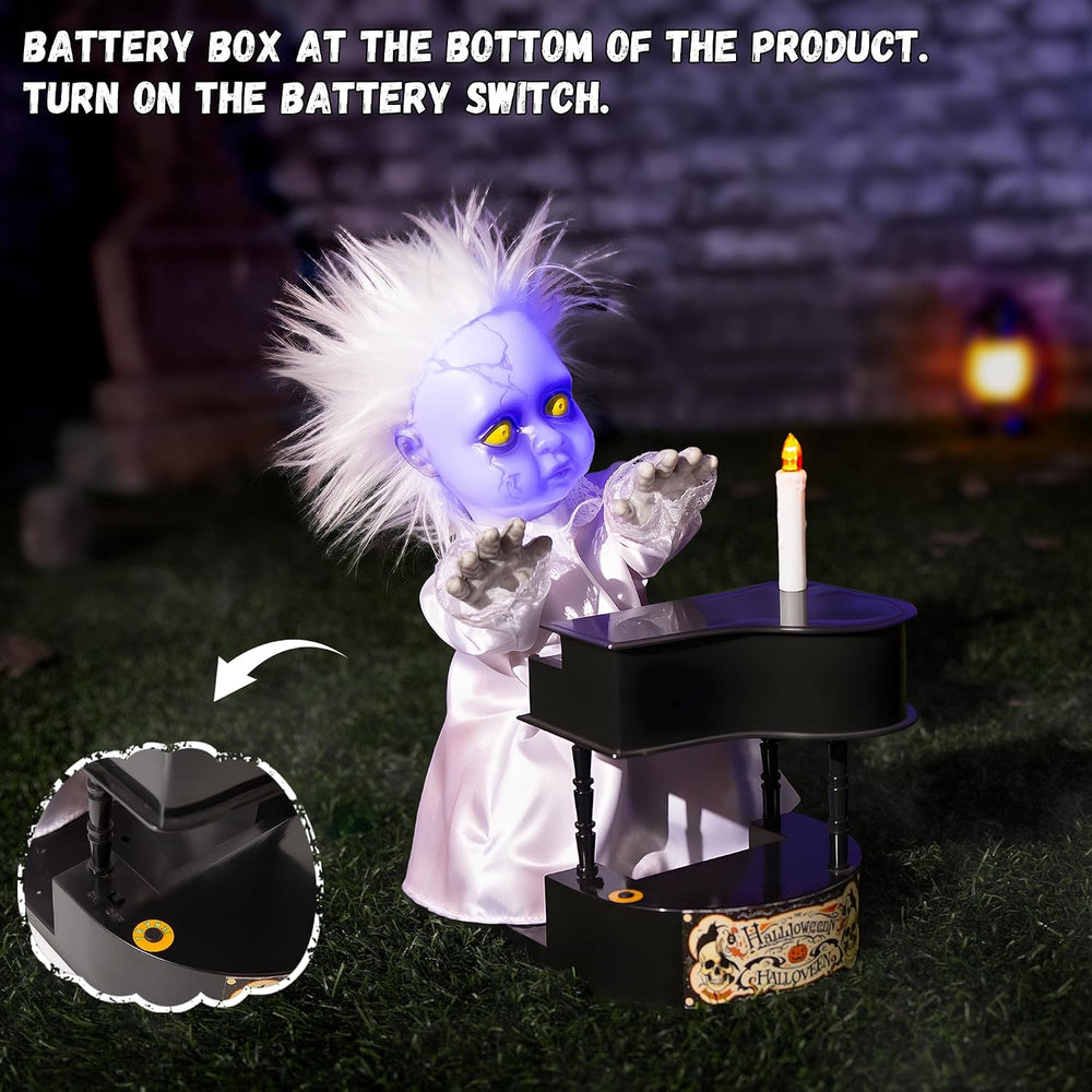 Halloween Animatronics Decorations, 13.7'' Creepy Doll with Piano, An...