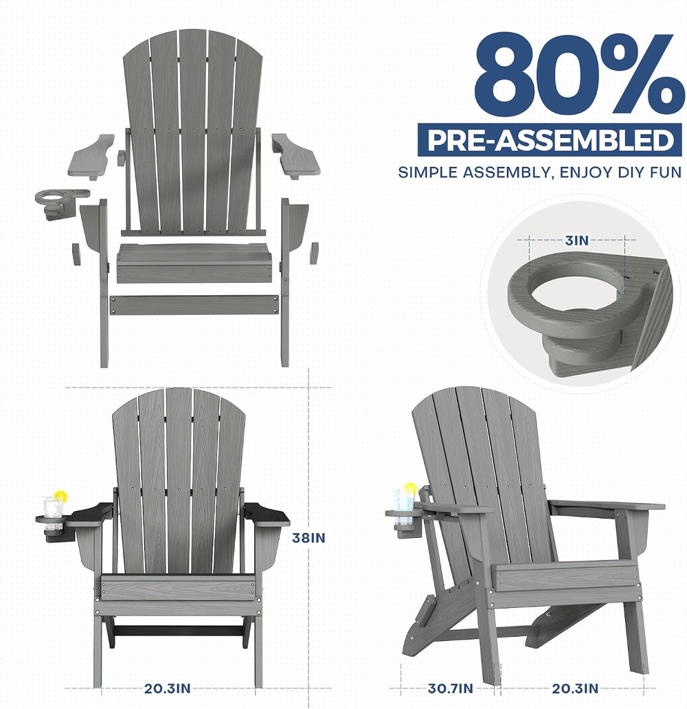 Adirondack Chair Set of 2 with Cup Holders&Table, Grey
