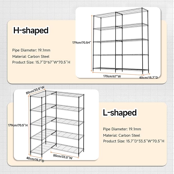 5 Tiers Storage Shelves Load 1500LBS, Metal Shelving Wire Metal Shelving Unit...