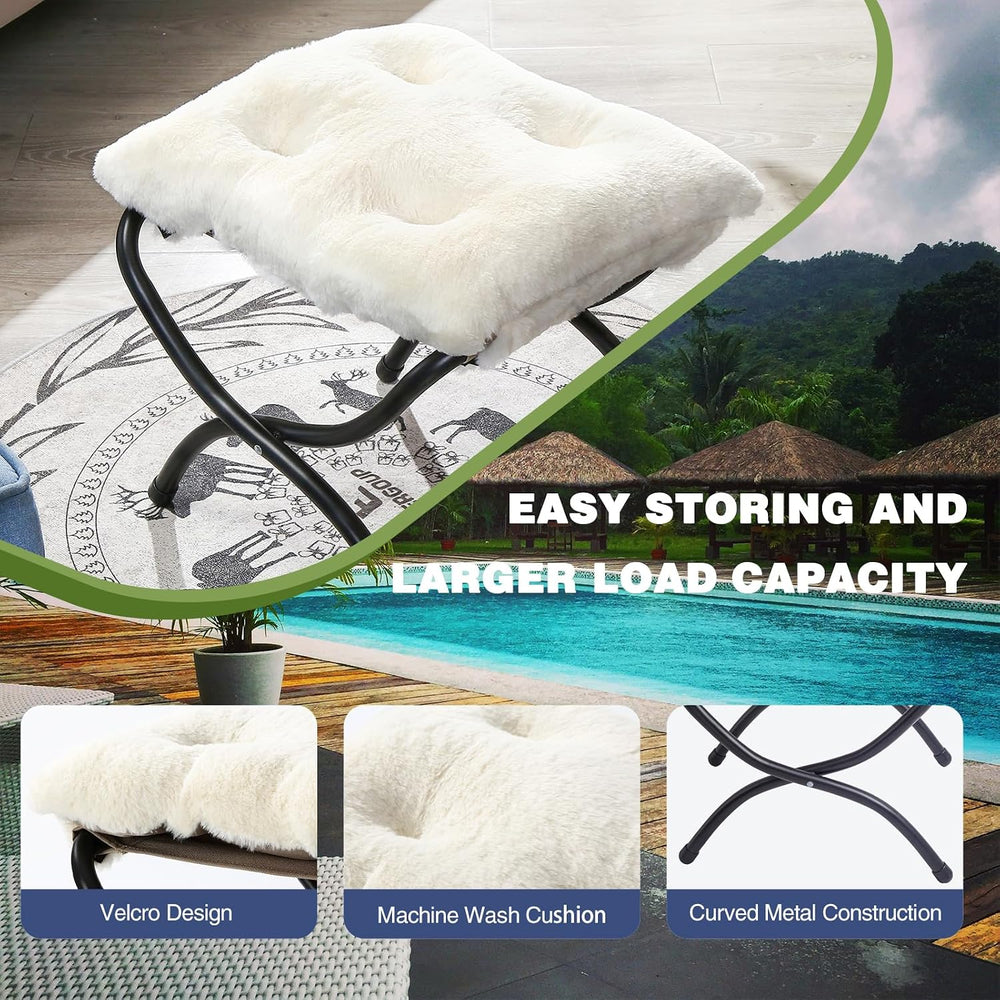 15" Faux Fur Upholstered Folding Foot Rest Stool with Metal Frame Beige