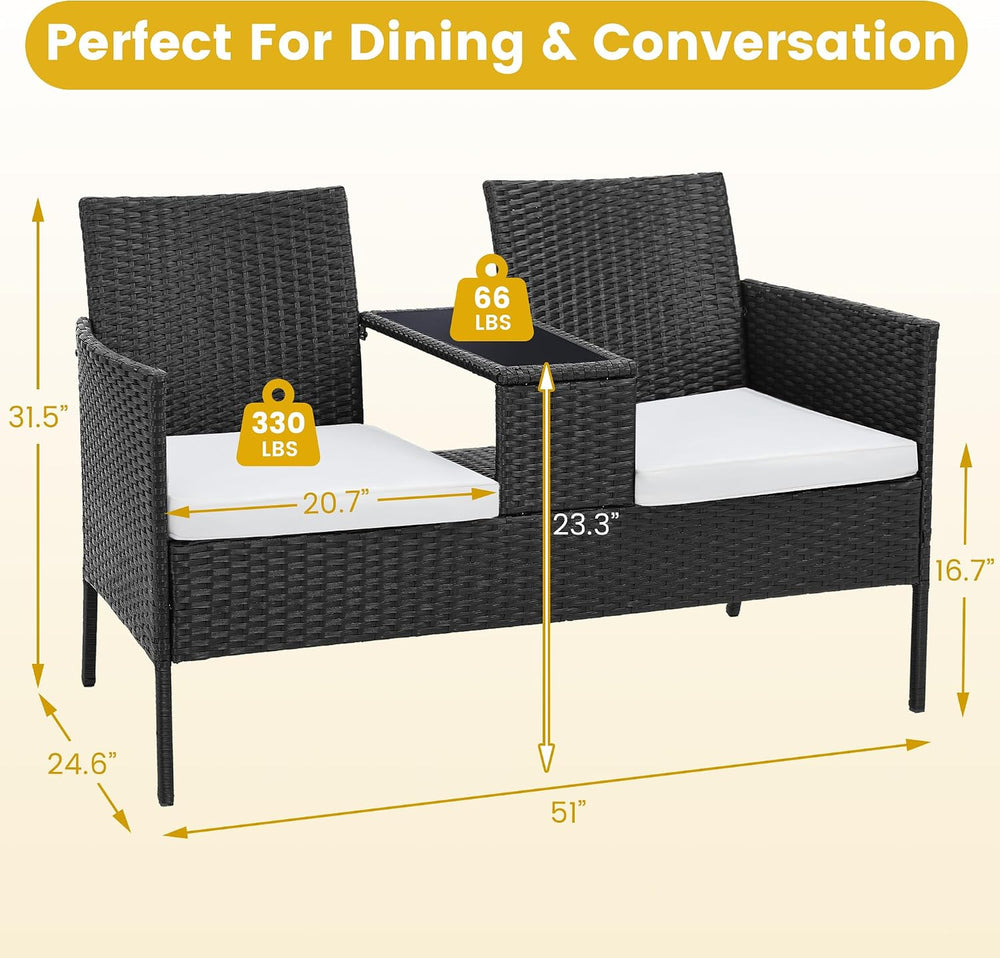 Kromax Wicker 2 Seat Patio Loveseat, Outdoor Rattan Loveseat with Table