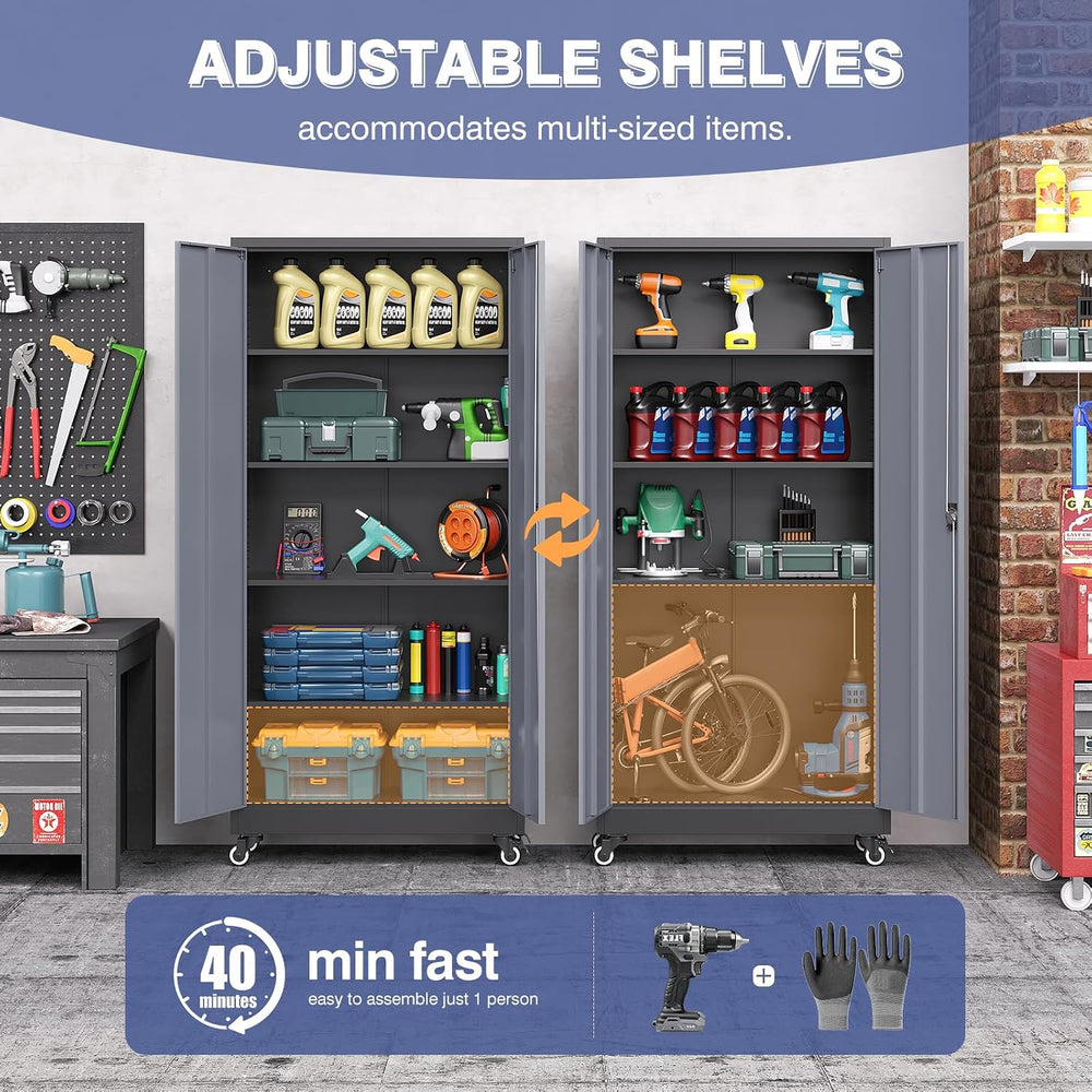 Metal Garage Storage Cabinet with Locking Doors and Adjustable Shelves, Wide ...