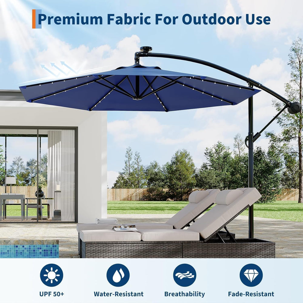 Garvee 10FT Solar Lights Offset Patio Umbrella with Cross Base, Navy Blue