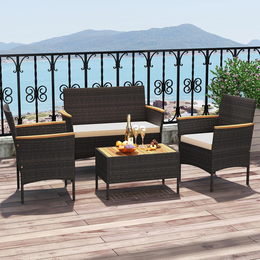 Tangkula 4 Pieces Patio Wicker Sofa Set, 2 Rattan Chairs & Loveseat w/Cof...