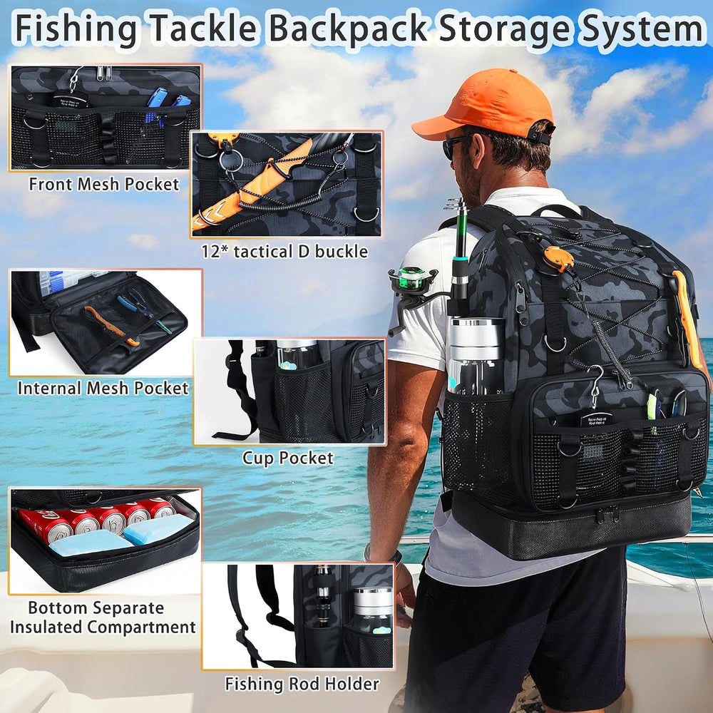 Fishing Backpack with Tackle Boxes and Rod Holder, Cooler, 30L Large Tackle B...