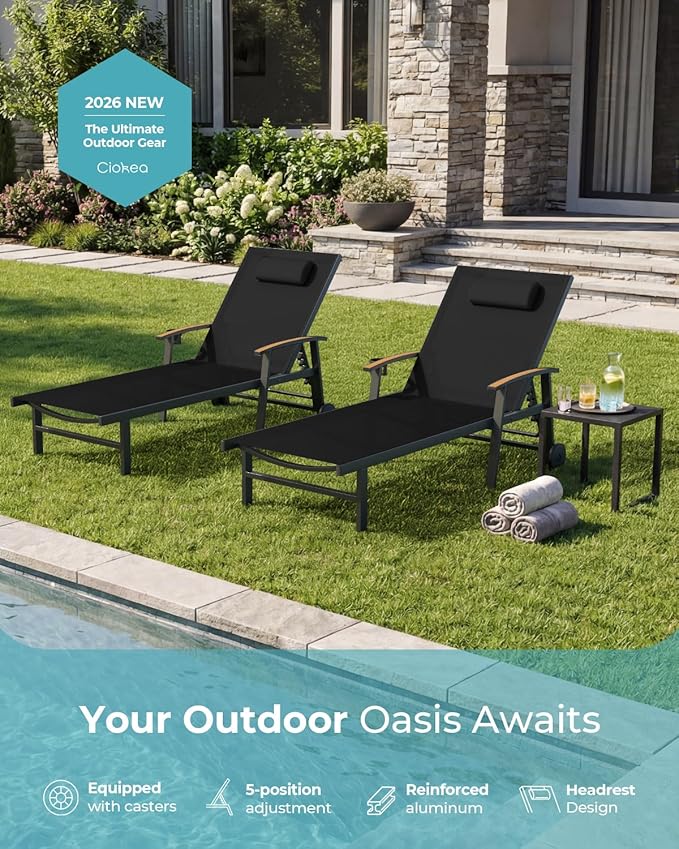 Ciokea Outdoor Lounge Chair with Pillow Set of 2, 5-Position Aluminum Chaise ...