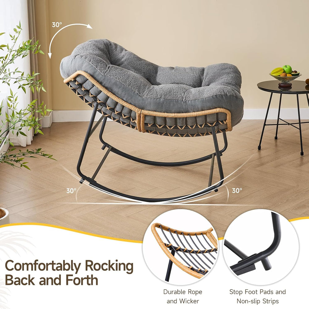 ONBRILL Outdoor Rocking Chairs, Oversized Papasan Rocking Chair, Gray