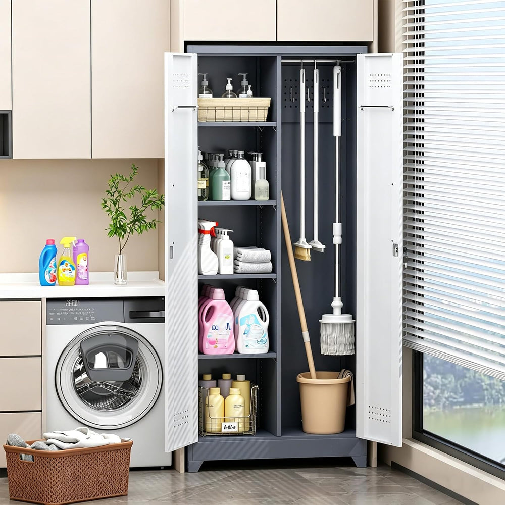 Broom Closet Storage Cabinet, 72" H Metal Garage Storage Cabinet with Lo...