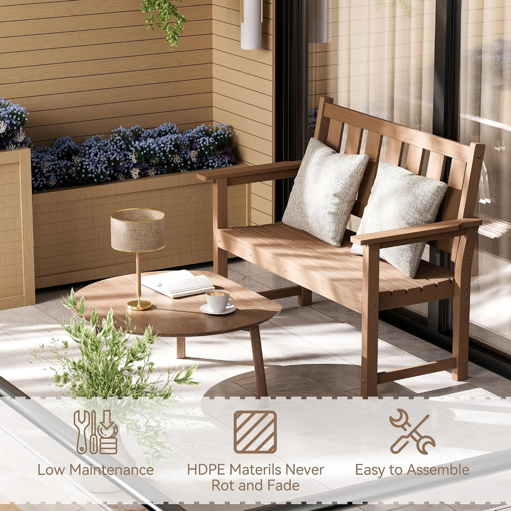 50" HDPE Outdoor Bench Weatherproof Patio Seating, Mocha Brown