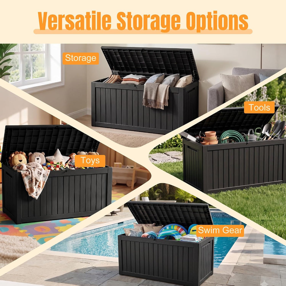 Outdoor Storage Box, 360 Gallon Waterproof Resin Deck Box with Support Rod
