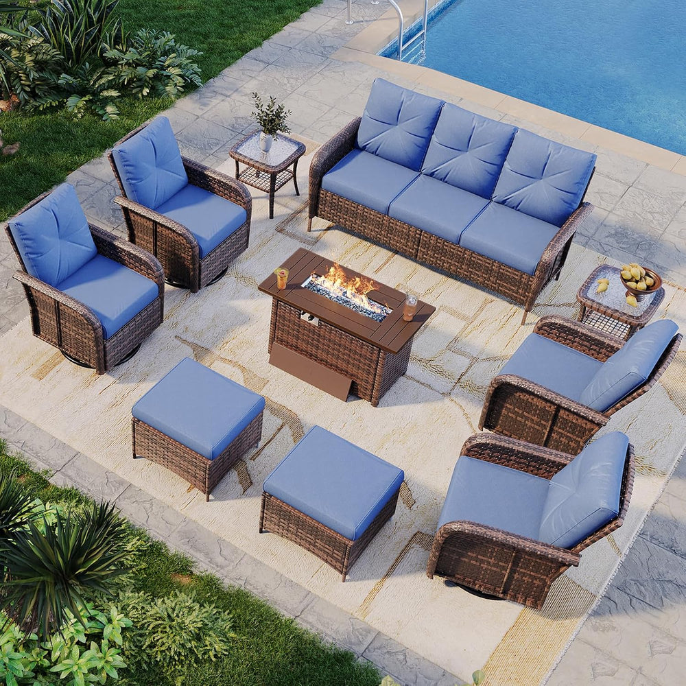 Aoxun 10-Piece Wicker Rattan Patio Furniture Set with 44" Fire Pit Table