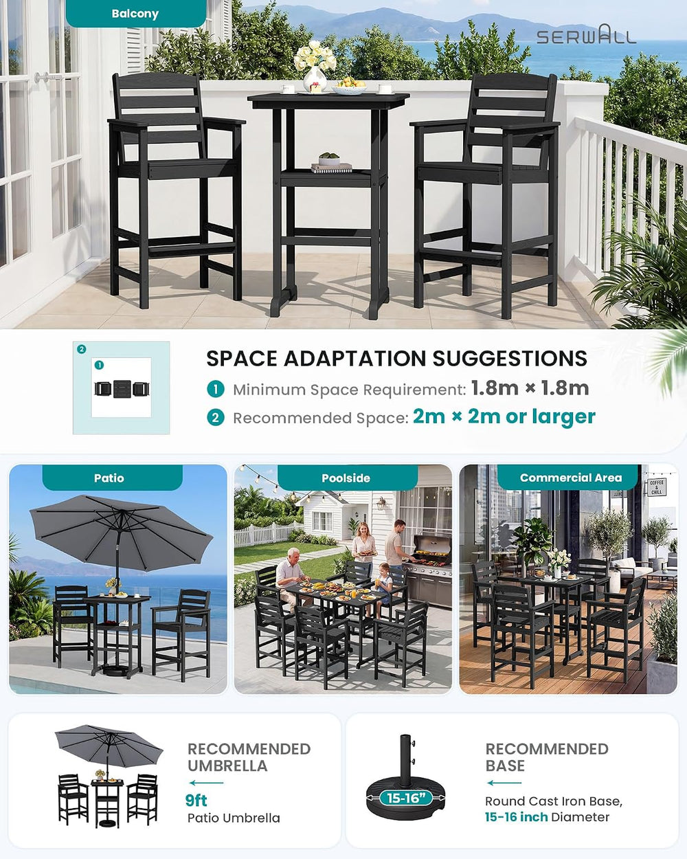 SERWALL 3 Pcs HDPE Bar Height Chairs and Double Layer Pub Table Set, Black