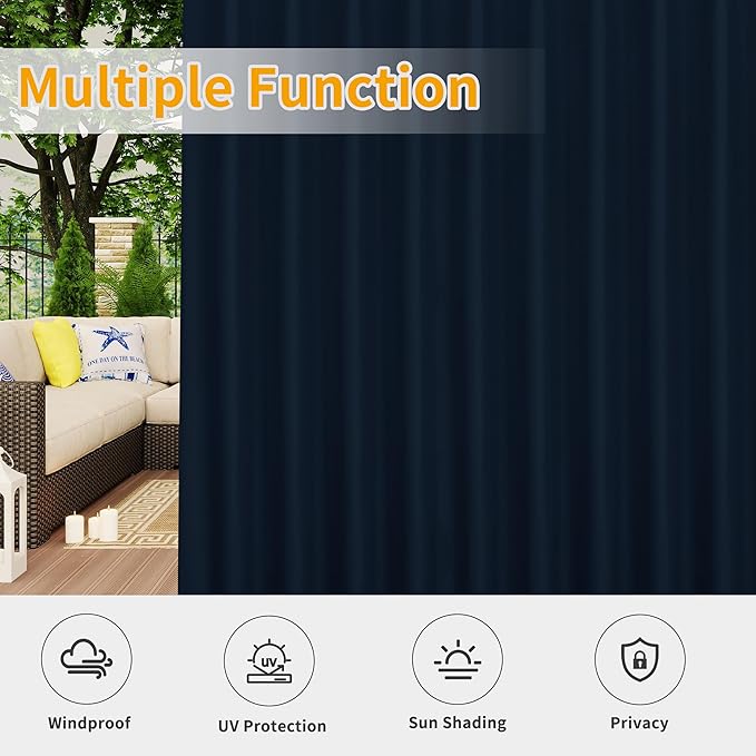 Easy-Going Outdoor Patio Curtains Detachable Tab Top Windproof Weatherproof C...