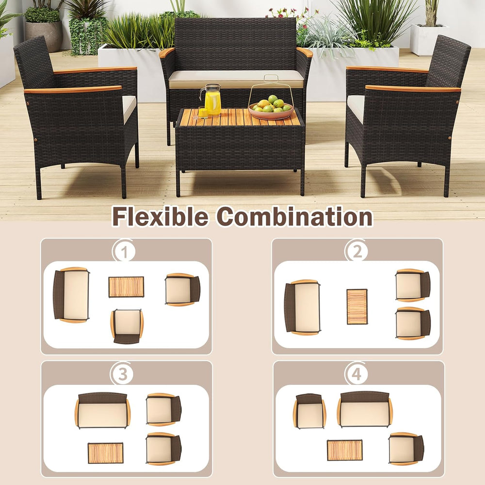 Tangkula 4 Pieces Patio Wicker Sofa Set, 2 Rattan Chairs & Loveseat w/Cof...