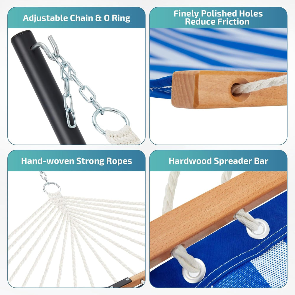 Two Person Hammock with Stand for Outside, Blue White